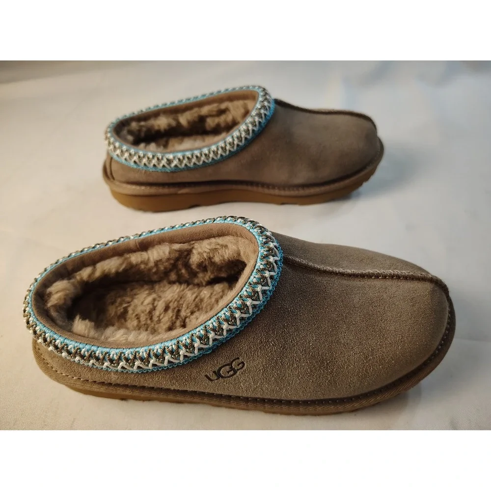 UGG Kids Tasman Chestnut Suede Slip On Slippers Blue Braid Embroidery Shoes 5